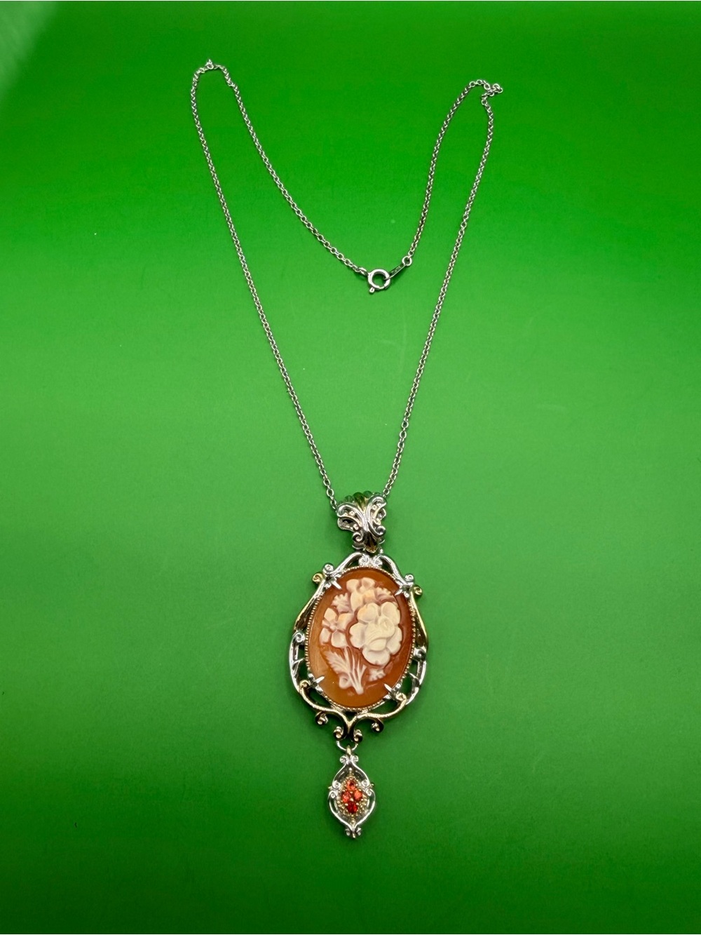 925 Sterling Silver Garnet Coral & Shell Cameo Pendant 18” Chain.